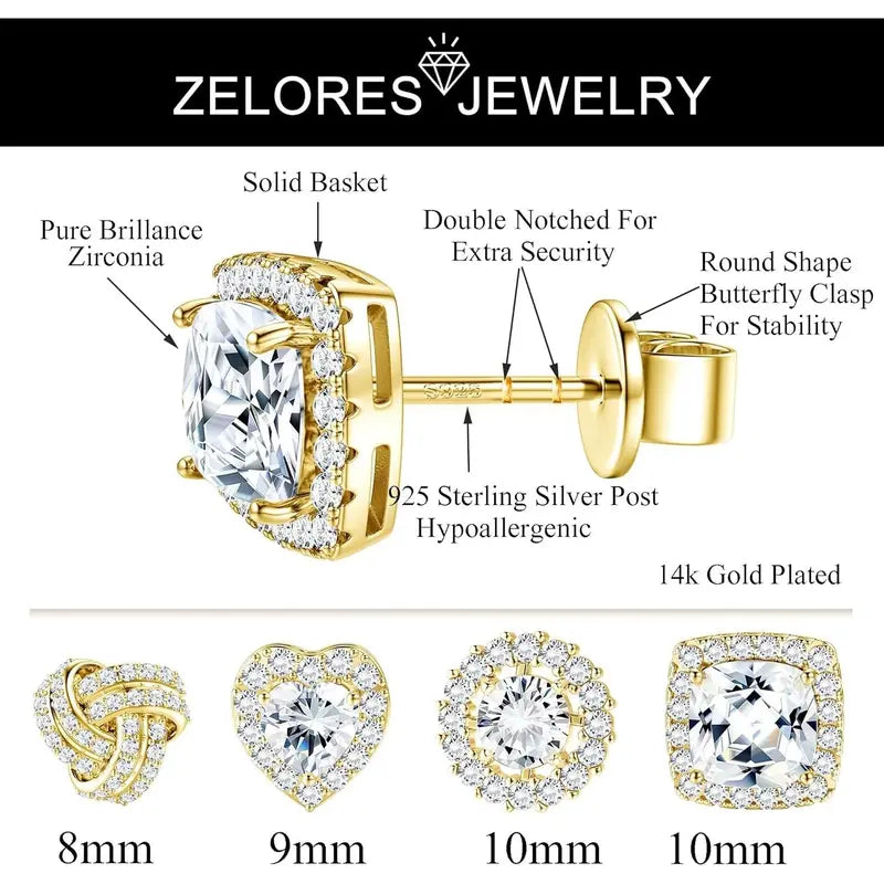 4 Pairs Trendy Sterling Silver CZ Stud Earrings for Women 14K Waterproof Gold Plated Brilliant Celtic Heart Big Stud Earrings Set Cubic Zirconia Earrings Studs for Sensitive Ear, Heart Shaped Earrings, Artificial Zirconia Earrings, Jewelry For Women