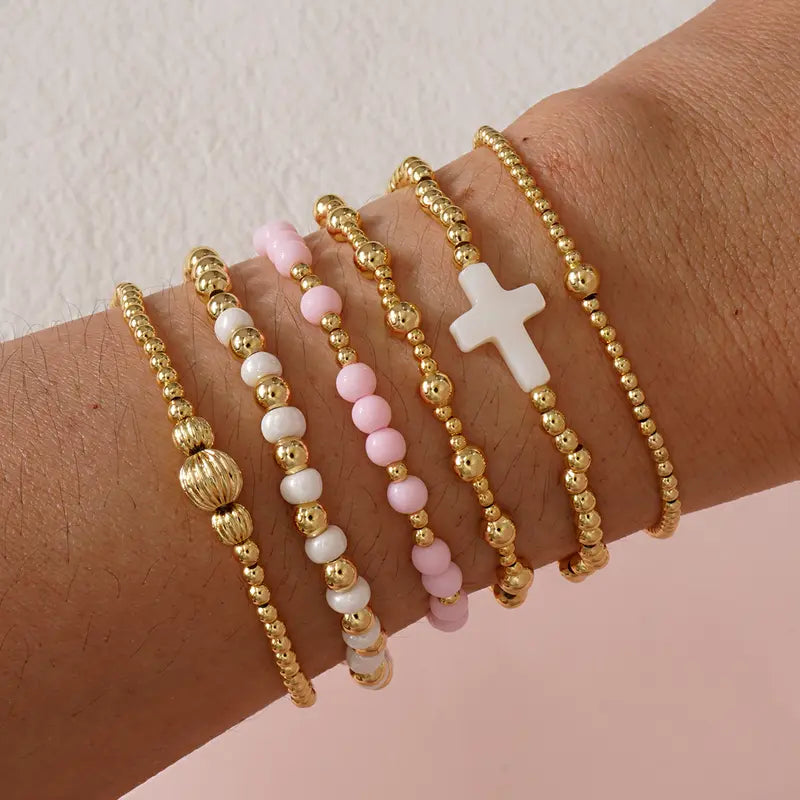 SHINUS Women's Boho 14 Karat Gold-Plated Brass Small Seed Ball Beads Stretch Bracelet Wrist Stack - 7in, Stackable, Trendy, Waterproof, Pink Link, Gold Aesthetic, Unique Costume Jewelry, Accessories for Women, Valentine's Day Gift, Jewelry For Women, Funk