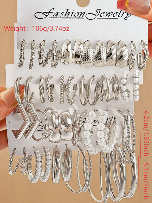 48pcs Women's Bohemian Geometric Earring Set with Imitation Pearls, Faux Pearl and Hollow Flower Design, Fashion Earrings, Stylish Jewelry for Daily Wear and Parties