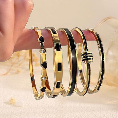 5PCS Elegant Fashion Bangle Bracelet Set Stackable Gold Bangle Bracelet Set for Women - Fashionable Eternal Lightweight Bangle with Pink Friendship & Love Heart Bracelet Jewelry Gift for Her for Parties, Gatherings and Birthday Gifts