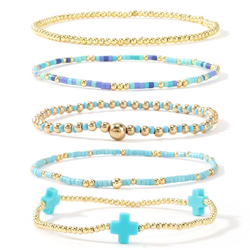 SHINUS BOHO Bracelet Stack for Women, 5-Piece Bohemian Layered Set with Colorful African Vinyl Beads and Gold-Plated Cross Charm, Stretch Beach Jewelry, Jewelry For Women, Teenage Girls Gifts, Beach Wear, Wrist Stack, Fashion
