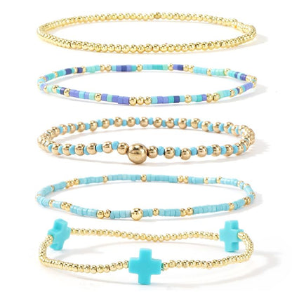 SHINUS BOHO Bracelet Stack for Women, 5-Piece Bohemian Layered Set with Colorful African Vinyl Beads and Gold-Plated Cross Charm, Stretch Beach Jewelry, Jewelry For Women, Teenage Girls Gifts, Beach Wear, Wrist Stack, Fashion