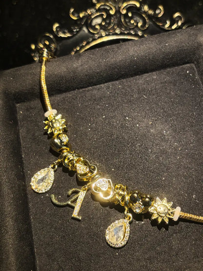 Women's Gold Tone Mixed Charm Beaded Bracelet A Z Initial Letters Available, Fashion Costume Jewelry Gift