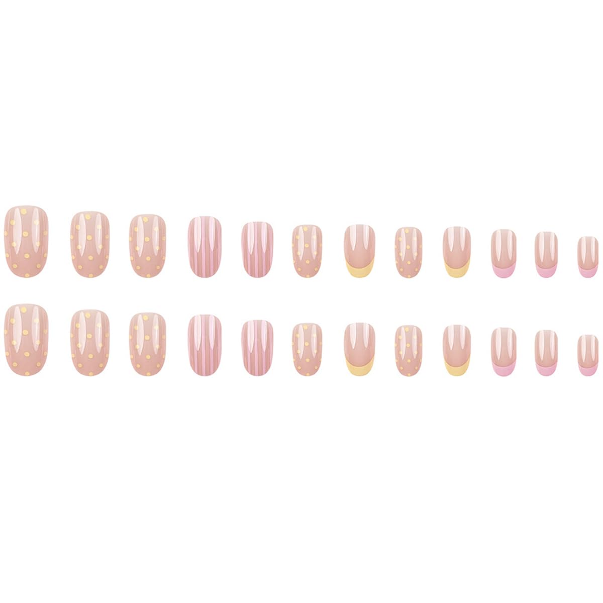 French Tip Press on Nails Short Almond Nude Fake Nails Press on with Polka Dot Design Stripe False Nails Glossy Full Cover Summer Nails for Women 24Pcs