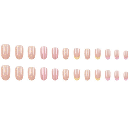 French Tip Press on Nails Short Almond Nude Fake Nails Press on with Polka Dot Design Stripe False Nails Glossy Full Cover Summer Nails for Women 24Pcs