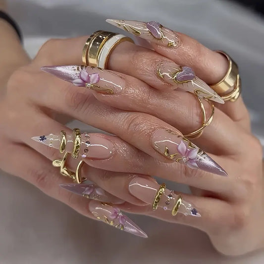 Handmade Glossy Finish Purple Iris 3D Flower Long Almond Press-On Acrylic Nails - Nail Art Accessories for Everyday Wear