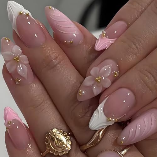 Press on Nails Short Almond Nails Press on with Solid Color Design Glossy White (Pink Flower White Swirl)