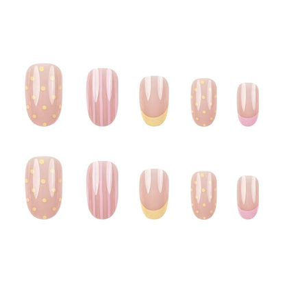 French Tip Press on Nails Short Almond Nude Fake Nails Press on with Polka Dot Design Stripe False Nails Glossy Full Cover Summer Nails for Women 24Pcs