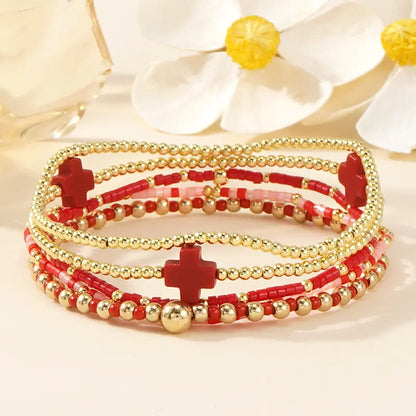 SHINUS BOHO Bracelet Stack for Women, 5-Piece Bohemian Layered Set with Colorful African Vinyl Beads and Gold-Plated Cross Charm, Stretch Beach Jewelry, Jewelry For Women, Teenage Girls Gifts, Beach Wear, Wrist Stack, Fashion