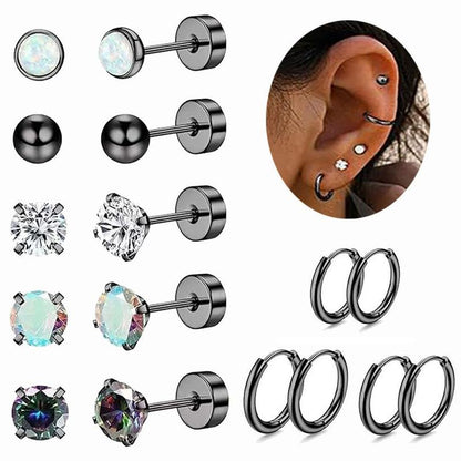 8 Pairs Surgical Steel Earrings for Sensitive Ears Hypoallergenic 20G Stainless Steel Stud Hoop Earrings for Women Men Small Opal Ball CZ Surgical Steel Flat Back Earrings Cartilage Earrings Hoop Stud