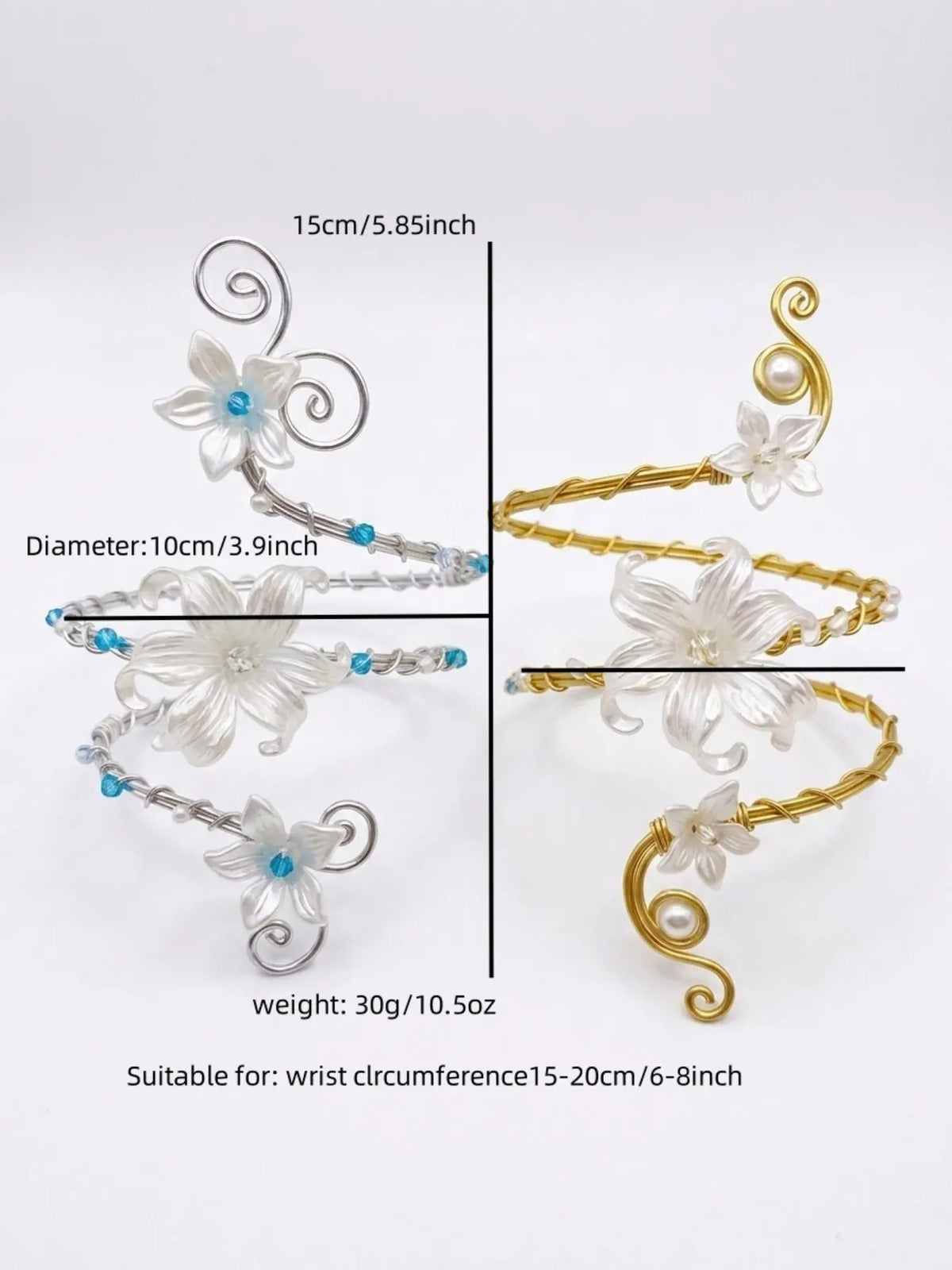 Glossy White Pearl Lily Golden Wire Spiral Arm Cuff Adjustable Upper Arm Flower Design Bracelet Handmade Floral Armband Boho Wedding Beach Fairy Women Statement Jewelry Bohemian Bracelet