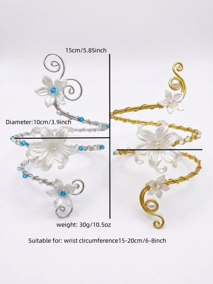 Glossy White Pearl Lily Golden Wire Spiral Arm Cuff Adjustable Upper Arm Flower Design Bracelet Handmade Floral Armband Boho Wedding Beach Fairy Women Statement Jewelry Bohemian Bracelet