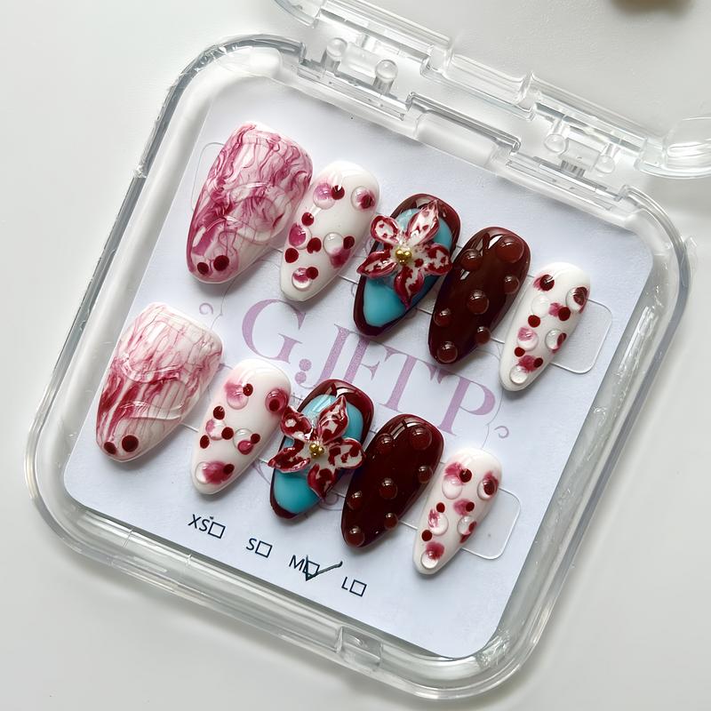 10Pcs Handmade Press On Nails Reusable Medium Handmade Acrylic Press Nails New Summer Collection, Cute Elegant Luxury Cat Eye Design, Ocean Inspired, High Quality Soft Sophisticated Look for Women Nail Art
