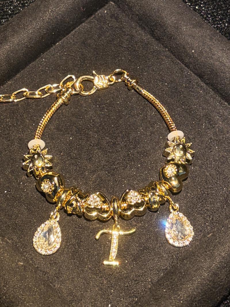 Women's Gold Tone Mixed Charm Beaded Bracelet A Z Initial Letters Available, Fashion Costume Jewelry Gift