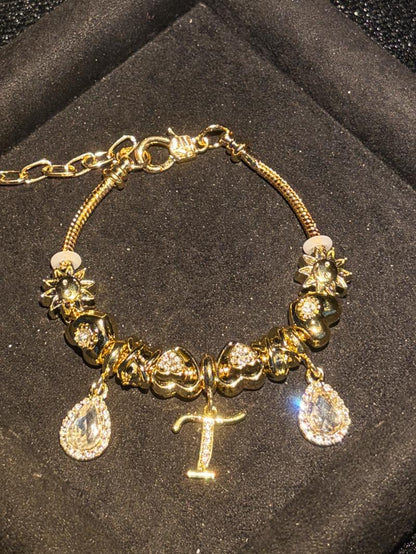 Women's Gold Tone Mixed Charm Beaded Bracelet A Z Initial Letters Available, Fashion Costume Jewelry Gift
