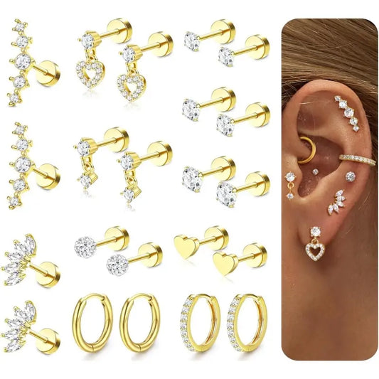 CASSIECA 11pairs Flat Back Earrings Stack for Women Cartilage Earrings Stacks 20G Surgical Stainless Steel Flatback Hypoallergenic Stud Hoop Earring Set Daith Conch Tragus Helix Piercing Jewelry Sohochic