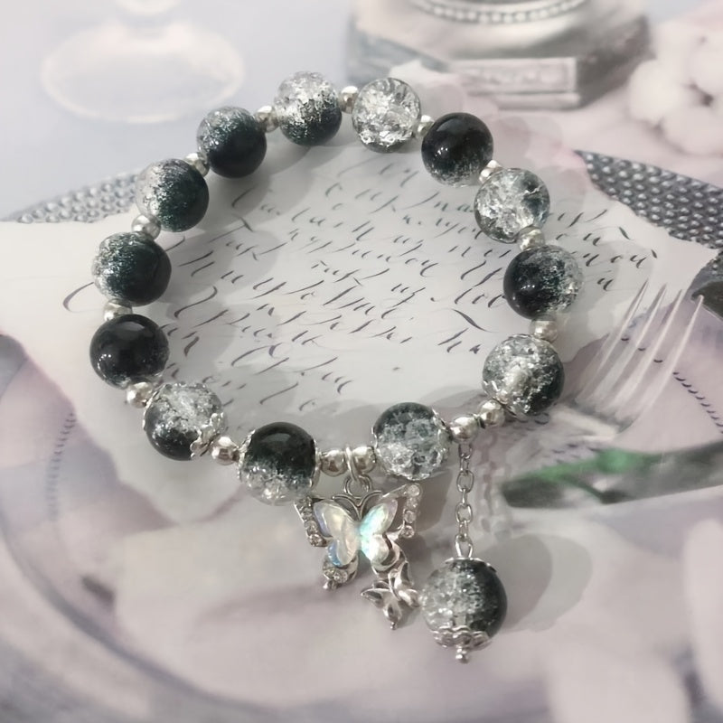 1pc Fashionable Elegant Exquisite Girly Style Double Butterfly Glass Bead Bracelet, Suitable for Spring Summer Wear And Gift