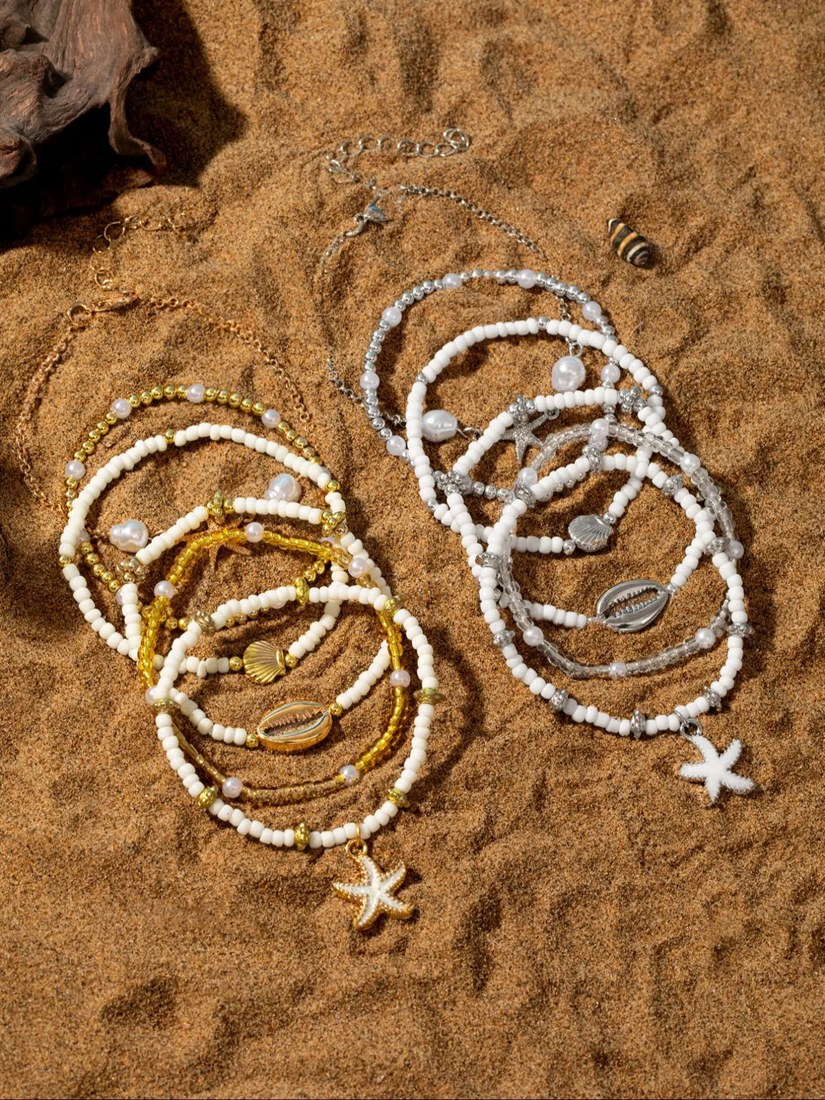 Vintage Shell Beaded Mix Bracelets Set, 6 Pcs Multi-Layer Oil Drop Starfish Jewelry Boho Style Bangles for Casual Vacation Wear Layered Bracelet Set