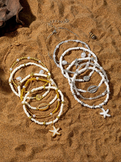 Vintage Shell Beaded Mix Bracelets Set, 6 Pcs Multi-Layer Oil Drop Starfish Jewelry Boho Style Bangles for Casual Vacation Wear Layered Bracelet Set