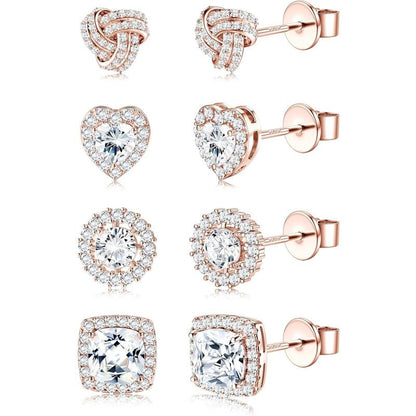 4 Pairs Trendy Sterling Silver CZ Stud Earrings for Women 14K Waterproof Gold Plated Brilliant Celtic Heart Big Stud Earrings Set Cubic Zirconia Earrings Studs for Sensitive Ear, Heart Shaped Earrings, Artificial Zirconia Earrings, Jewelry For Women