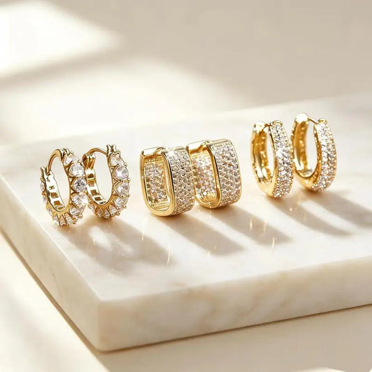 DDSC  Exquisite 3-Pair 14K Gold Plated Layered Hoop Earring Set for Women, Geometric and Round Huggie Earrings with Hinged Clasps, Model DDES0407