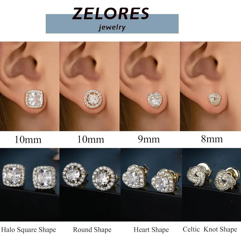 4 Pairs Trendy Sterling Silver CZ Stud Earrings for Women 14K Waterproof Gold Plated Brilliant Celtic Heart Big Stud Earrings Set Cubic Zirconia Earrings Studs for Sensitive Ear, Heart Shaped Earrings, Artificial Zirconia Earrings, Jewelry For Women