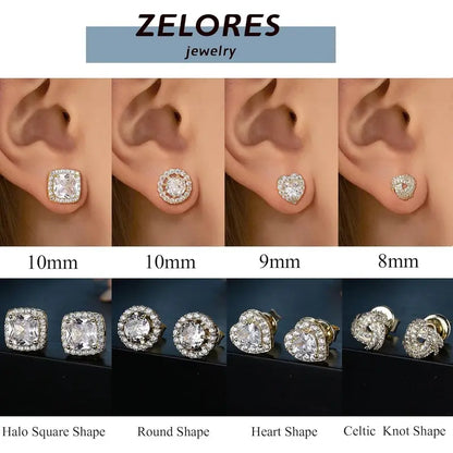 4 Pairs Trendy Sterling Silver CZ Stud Earrings for Women 14K Waterproof Gold Plated Brilliant Celtic Heart Big Stud Earrings Set Cubic Zirconia Earrings Studs for Sensitive Ear, Heart Shaped Earrings, Artificial Zirconia Earrings, Jewelry For Women