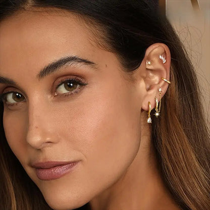 CASSIECA 8Pairs Earrings Stack Set for Women Gold Plated Hypoallergenic Chain Cartilage Pieces Silver Huggie Hoop Studs for Multiple Piercings Lightweight Jewelry For Women Sohochic