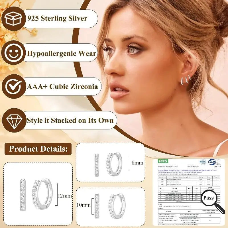 Women's 3-Pairs 925 Silver Huggie Hoop Earrings Set - Hypoallergenic Mini Multi-Stud Stacked Piercing Jewelry for Casual Daily Ear Stacking, High Quality Silver Tone Accessories for Adults Female, All Seasons Fashion Piece