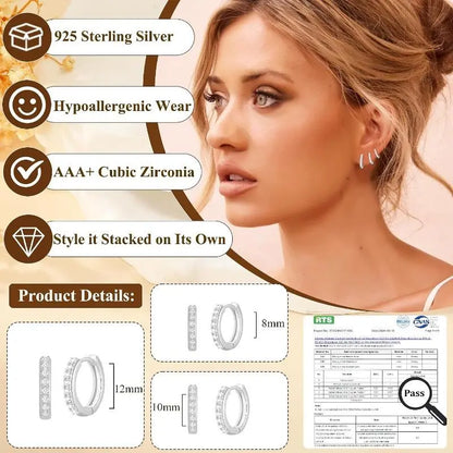 Women's 3-Pairs 925 Silver Huggie Hoop Earrings Set - Hypoallergenic Mini Multi-Stud Stacked Piercing Jewelry for Casual Daily Ear Stacking, High Quality Silver Tone Accessories for Adults Female, All Seasons Fashion Piece
