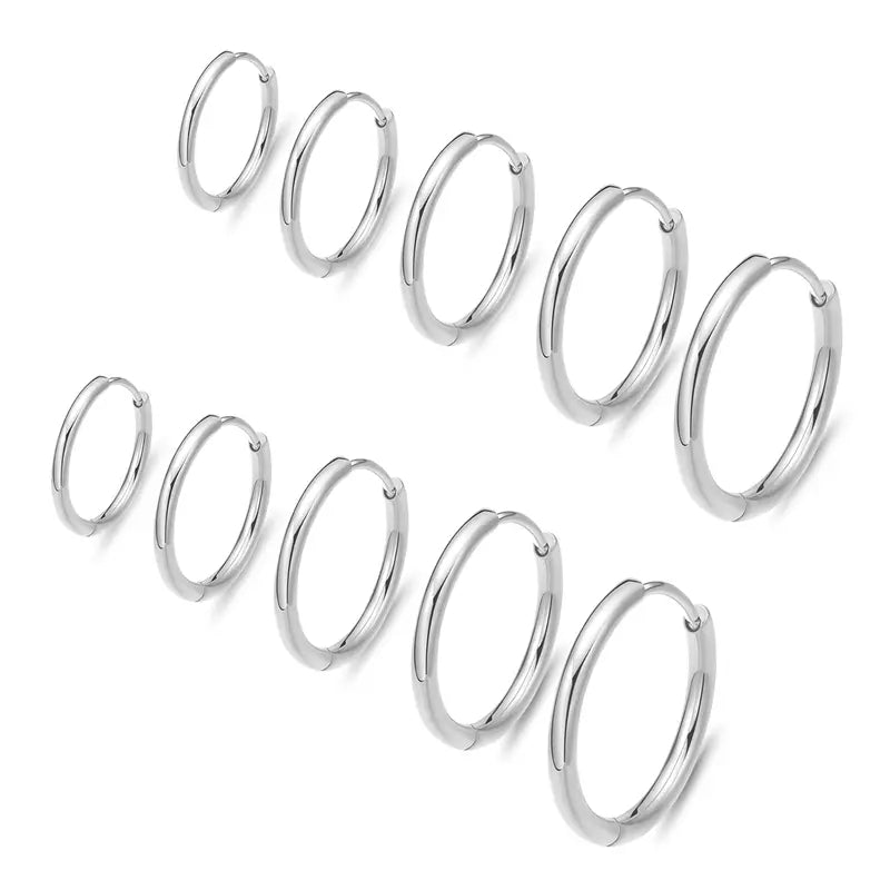 ENVYOU CZ 316L Surgical Steel Circular Huggie Hoops Earrings Set - 5 Pairs, Corrosion Resistant, Hypoallergenic, Lightweight Minimalist, Flexible Clasp Sleepers for Women (6/8/10/12/14mm, Sensitive Ears Friendly, Ear Stacking, Men's Accessories)