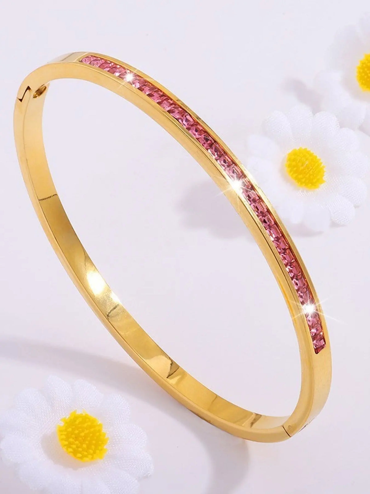5Pcs Pink Enamel Gold Bangle Bracelet Set Stacking Bangle Bracelet Sparkly Rhinestone Heart Stackable Bracelets Fashion Women Jewelry For Party Daily Wear Gift For Her