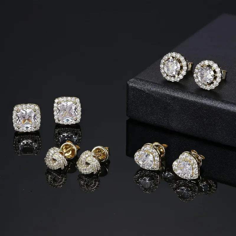4 Pairs Trendy Sterling Silver CZ Stud Earrings for Women 14K Waterproof Gold Plated Brilliant Celtic Heart Big Stud Earrings Set Cubic Zirconia Earrings Studs for Sensitive Ear, Heart Shaped Earrings, Artificial Zirconia Earrings, Jewelry For Women
