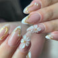 White French Tips Press on Nails, Irregular Gold 3D Lines with Flower & Pearl Design, Reusable Salon Quality Acrylic False Nails for Women, Glue On Nails with Adhesive Tabs for Daily Wear