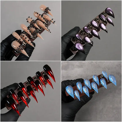 Dark Gradient Press-On Nails with a Shimmer Finish, Long Fake Nails Featuring 3D Silver Accents and Rhinestone Chains for a Unique Look, Nails Press On, Decorative