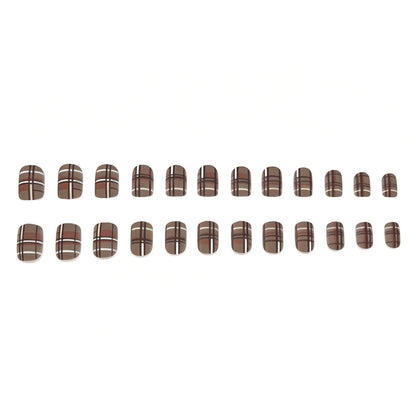 24Pcs Fall Press on Nails Short Square Fake Nails with Plaid Design Matte Khaki Artificial Nails Reusable Acrylic Nail Full Cover for Women and Girls Nail Decorations