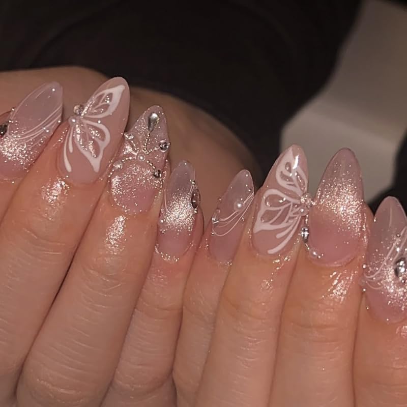 Spring Fake Acrylic Press On Nails – Starry Sky Designer False Nails Medium Almond, Salon Quality, Glossy Reusable Stick-On Nails for Weddings, Outdoor Picnics & Parties | Gift for Women