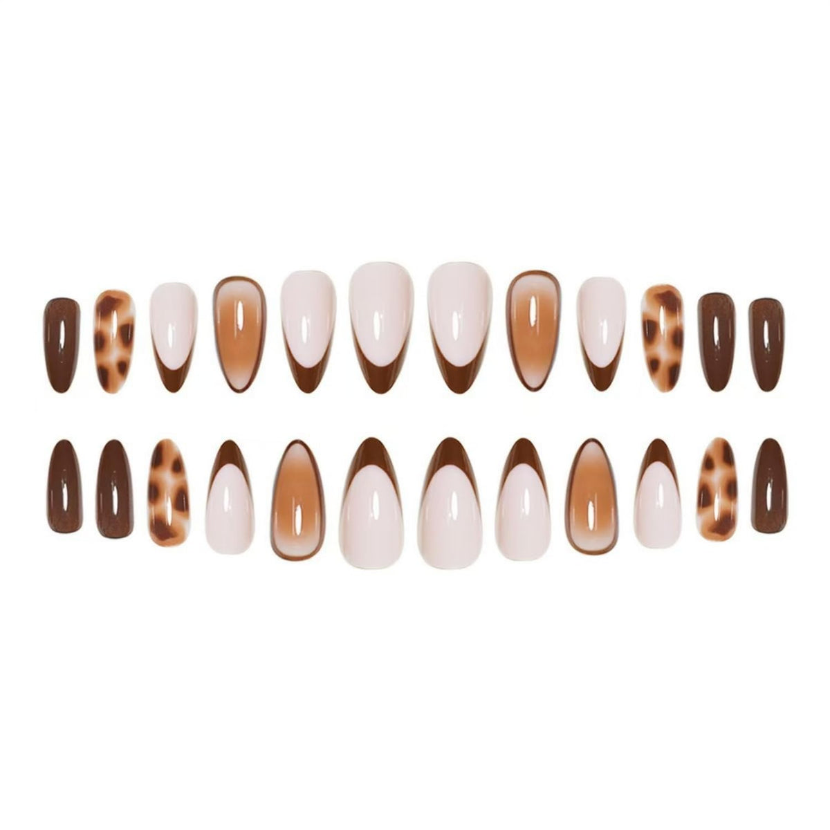 Almond Press on Nails Medium French Tip Fall Fake Nails with Brown Leopard Design Acrylic Nails Glossy False Nails Press ons Full Cover Glue on Nails for Women Manicure 24Pcs