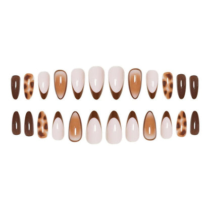 Almond Press on Nails Medium French Tip Fall Fake Nails with Brown Leopard Design Acrylic Nails Glossy False Nails Press ons Full Cover Glue on Nails for Women Manicure 24Pcs