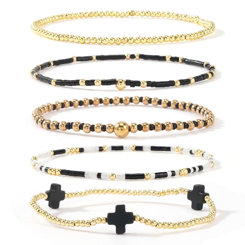 SHINUS BOHO Bracelet Stack for Women, 5-Piece Bohemian Layered Set with Colorful African Vinyl Beads and Gold-Plated Cross Charm, Stretch Beach Jewelry, Jewelry For Women, Teenage Girls Gifts, Beach Wear, Wrist Stack, Fashion