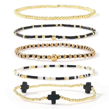 SHINUS BOHO Bracelet Stack for Women, 5-Piece Bohemian Layered Set with Colorful African Vinyl Beads and Gold-Plated Cross Charm, Stretch Beach Jewelry, Jewelry For Women, Teenage Girls Gifts, Beach Wear, Wrist Stack, Fashion
