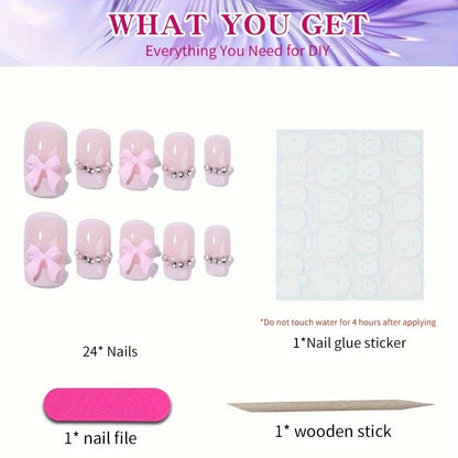24Pcs Square Press on Nails Medium Length Fake Nails with Rhinestone Designs Bow Pink French Tip False Nails Cute Full Cover Reusable Stick on Nails for Women Girls Manicure Kit