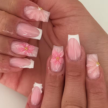 24Pcs Square Press on Nails Medium Length Fake Nails with Rhinestone Designs Bow Pink French Tip False Nails Cute Full Cover Reusable Stick on Nails for Women Girls Manicure Kit