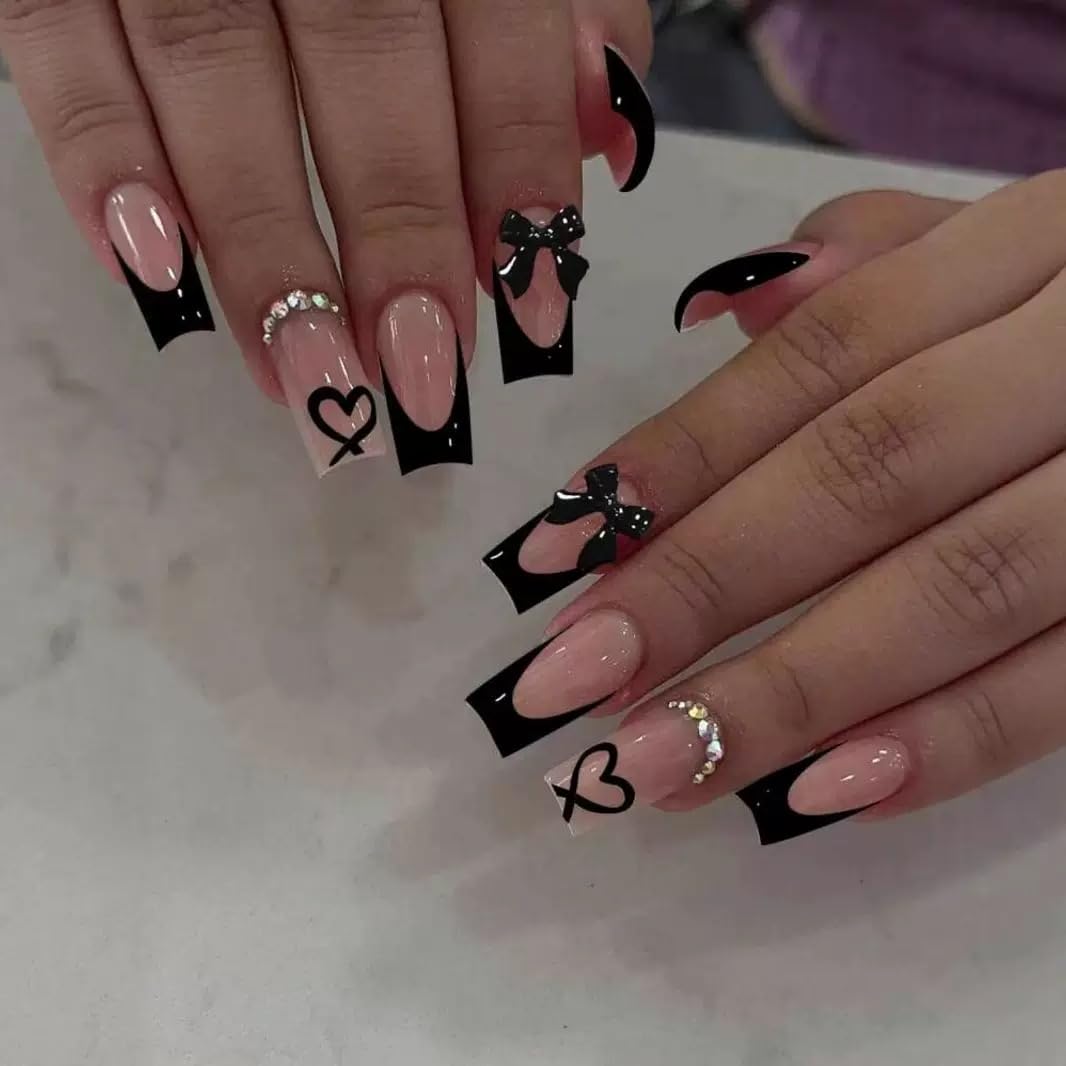 CTTHNBD Press on Nails Square, Medium, Black French Tip Fake Nails