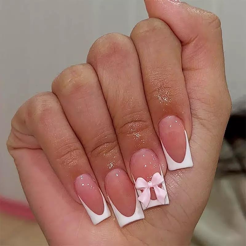 24Pcs Square Press on Nails Medium Length Fake Nails with Rhinestone Designs Bow Pink French Tip False Nails Cute Full Cover Reusable Stick on Nails for Women Girls Manicure Kit