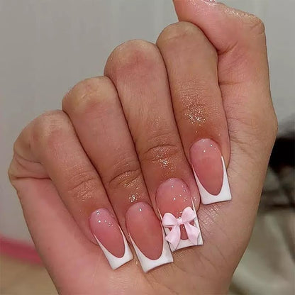 24Pcs Square Press on Nails Medium Length Fake Nails with Rhinestone Designs Bow Pink French Tip False Nails Cute Full Cover Reusable Stick on Nails for Women Girls Manicure Kit