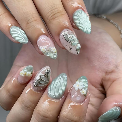Spring Fake Acrylic Press On Nails – Starry Sky Designer False Nails Medium Almond, Salon Quality, Glossy Reusable Stick-On Nails for Weddings, Outdoor Picnics & Parties | Gift for Women