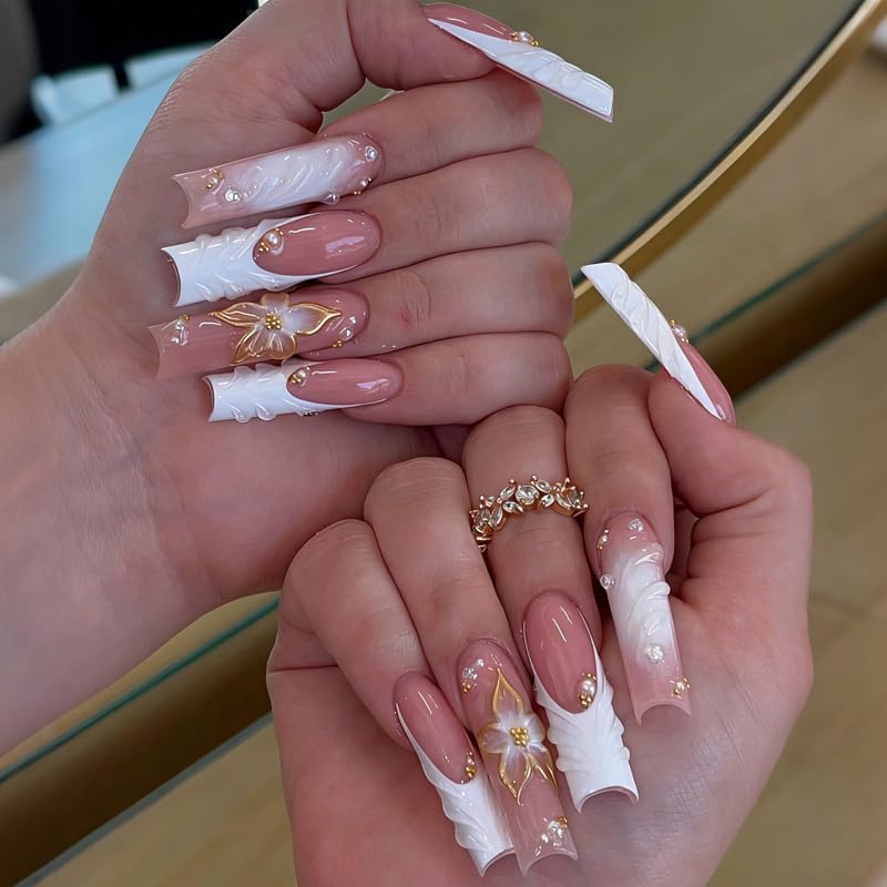 Long Square Press on Nails - Leopard Print French Tip Fake Nails Press ons with 3D Gold Pearl and Red Flower Designs, Glossy Reusable Autumn Winter Stick on False Nails for Women 24PCS