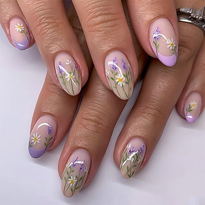 Spring Fake Acrylic Press On Nails – Starry Sky Designer False Nails Medium Almond, Salon Quality, Glossy Reusable Stick-On Nails for Weddings, Outdoor Picnics & Parties | Gift for Women