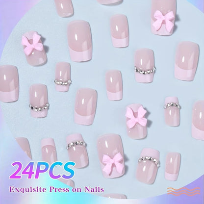 24Pcs Square Press on Nails Medium Length Fake Nails with Rhinestone Designs Bow Pink French Tip False Nails Cute Full Cover Reusable Stick on Nails for Women Girls Manicure Kit
